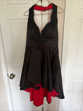 Black Halter High-Low Dress with Red Contrast